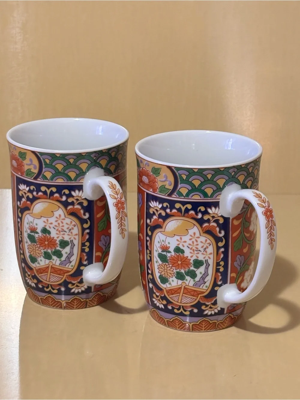 Set of 2 Multicolored Japanese Floral Ceramic Coffee Mugs